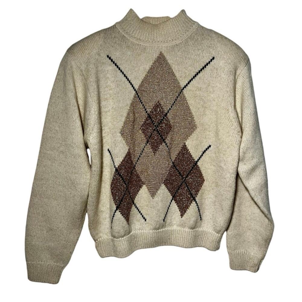 Vintage 90’s Lambswool Blend Metallic Gold Argyle Sweater Retro Classic Size S